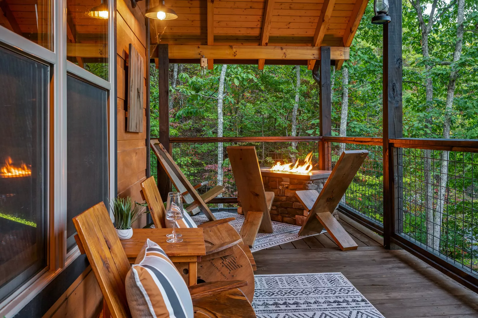 fire pit on cabin porch