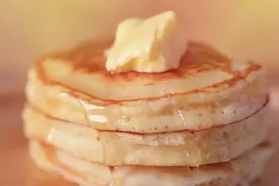 old fashioned pancakes with butter and syrup