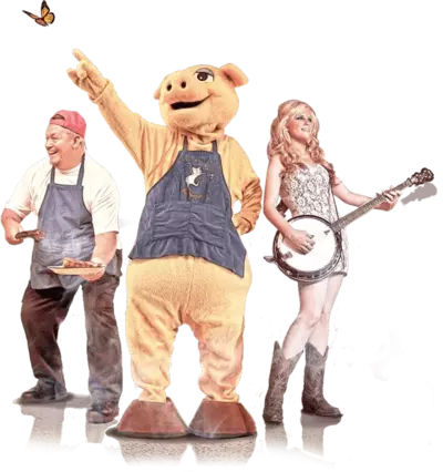 man and woman playing instruments with someone in a pig costume