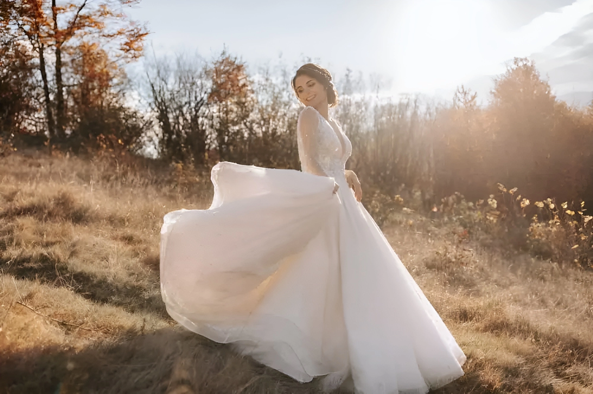 bride in beautiful dress posing in the Smoky Mountain forest in autumn